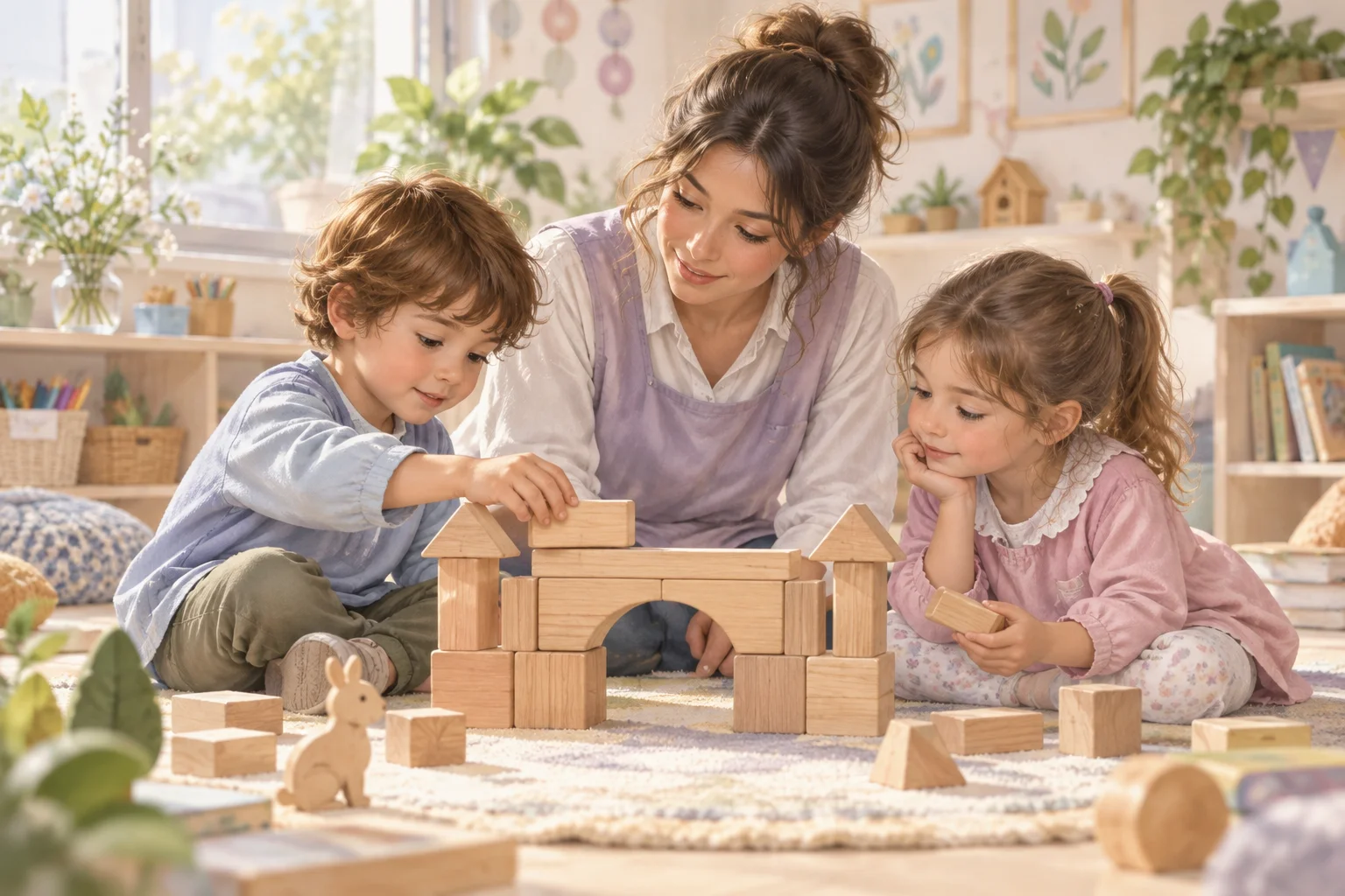 Una docente acompaña a niños que construyen un puente con bloques en una mesa de aula.