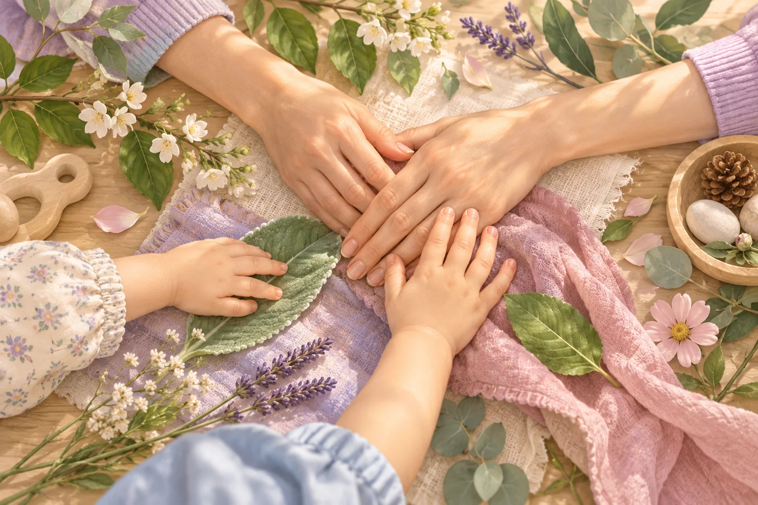 Manos de una docente y un niño exploran materiales naturales en una propuesta sensorial de jardín maternal.