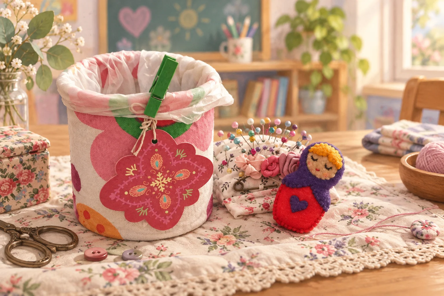 Telas estampadas, un recipiente floral y títeres de dedo preparados para una propuesta artística en jardín maternal.