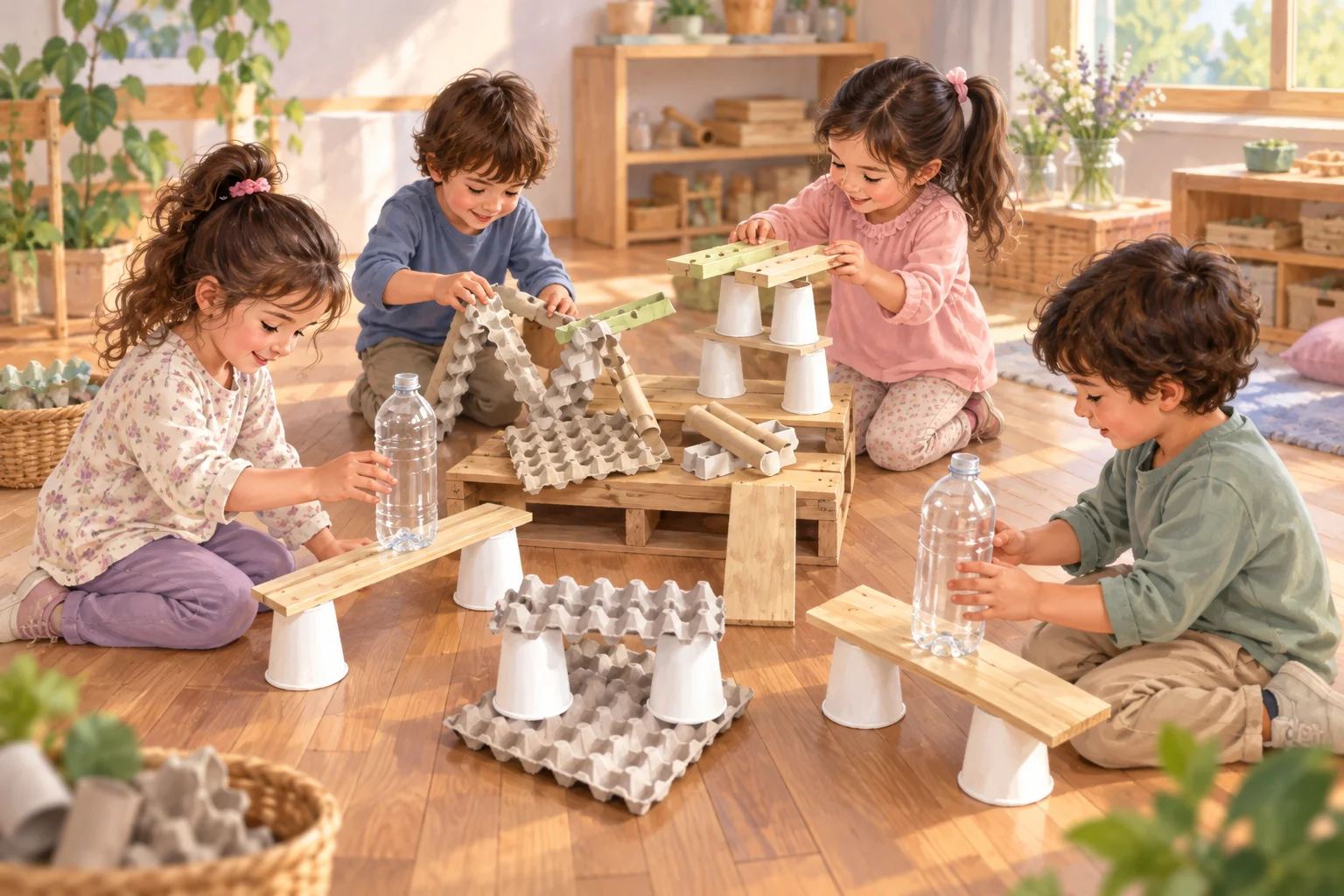 Vasos reutilizados y piezas de cartón forman construcciones para explorar y jugar en el aula.