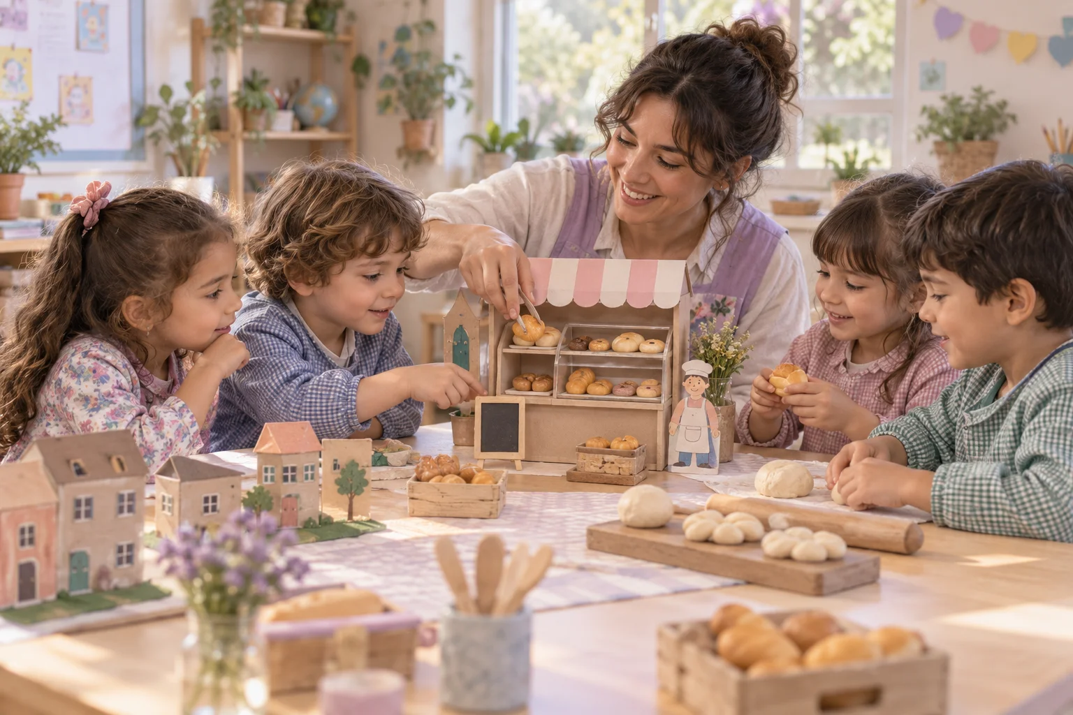 Una docente y niños exploran una pequeña panadería de juguete como recorte del ambiente cotidiano en el aula.