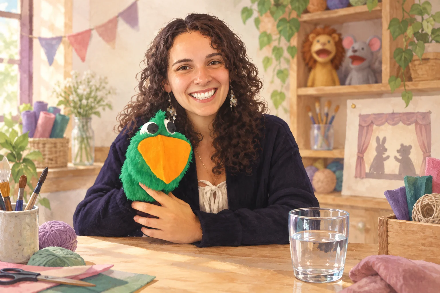 Miss Lidia sostiene un títere verde de boca amarilla en un espacio de taller con materiales para teatro de títeres.