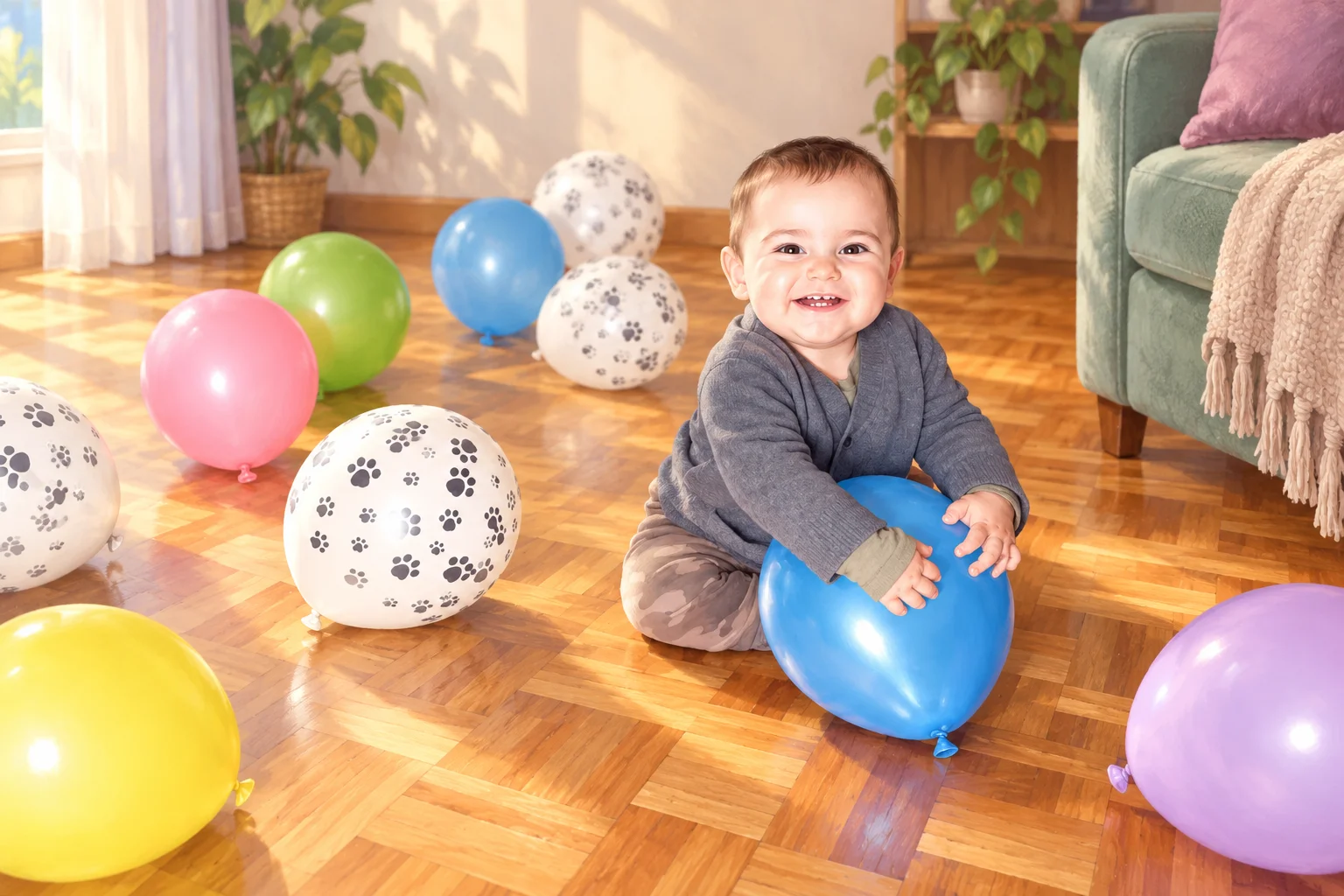 Un niño pequeño juega con un globo azul sobre un piso de madera, rodeado de globos de distintos colores.