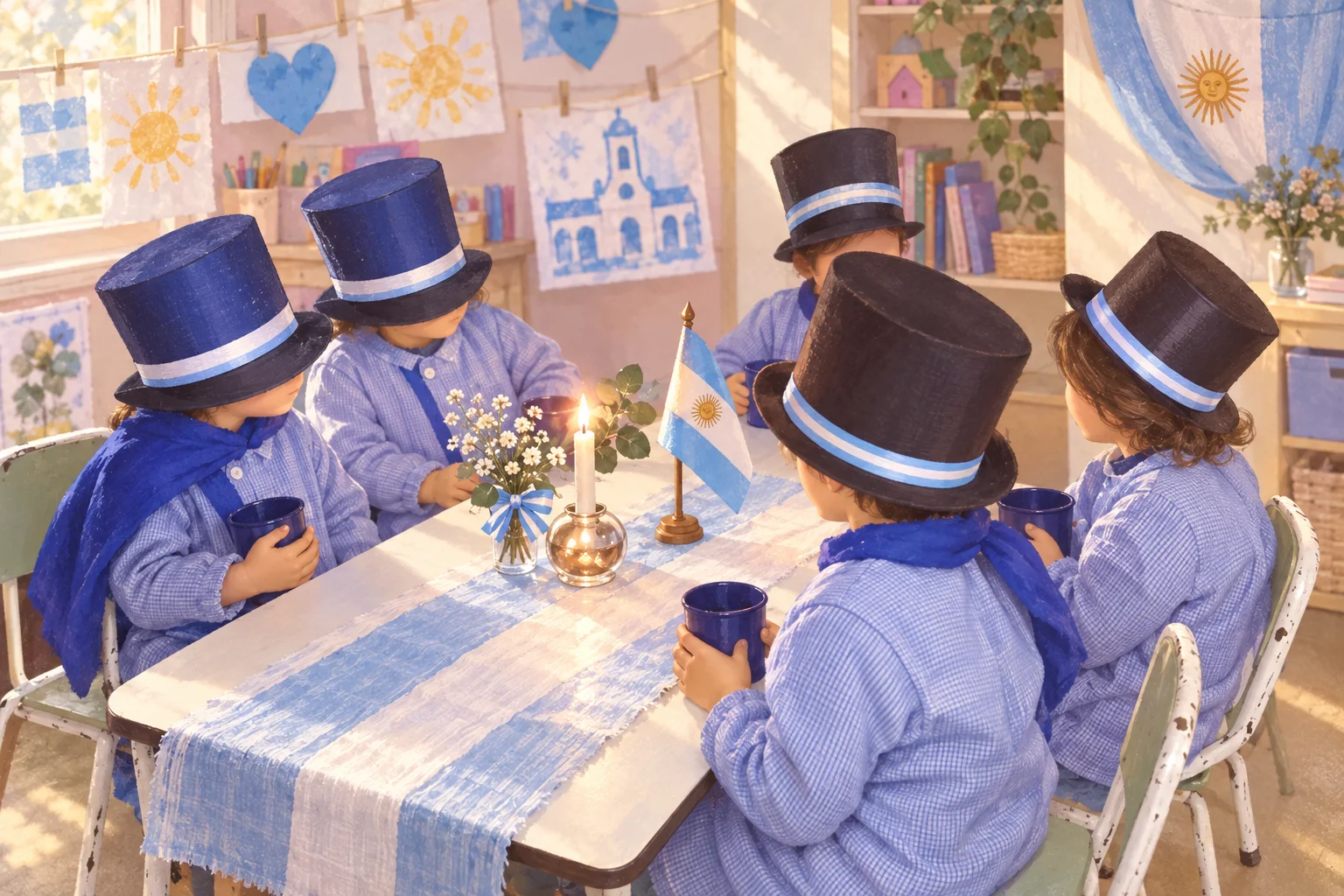 Niños con guardapolvos azules y galeras participan en una actividad de aula, junto a una bandera argentina y producciones escolares.