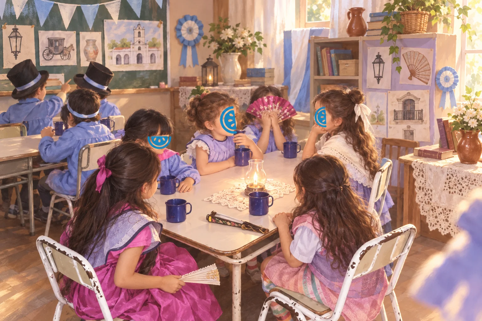 Niños con vestimenta de época comparten una mesa de aula durante una propuesta sobre la Semana de Mayo, con rostros cubiertos como en la referencia.