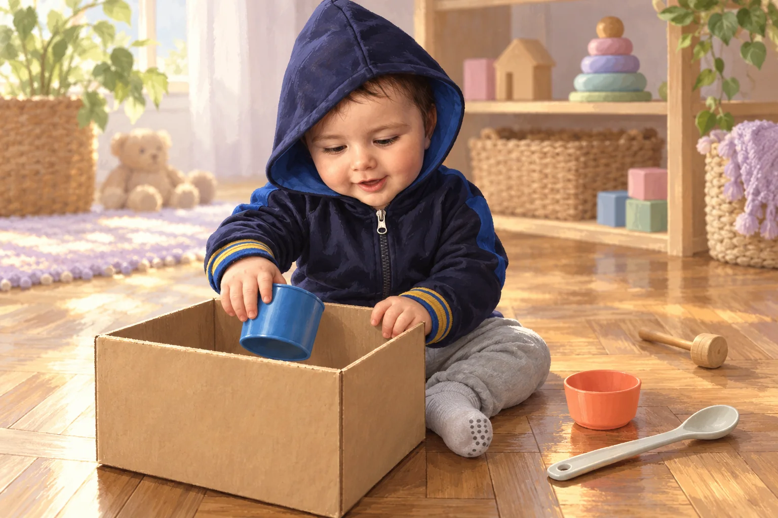 Un niño pequeño con buzo azul explora una caja abierta, recipientes y una cuchara en un juego de adentro y afuera.