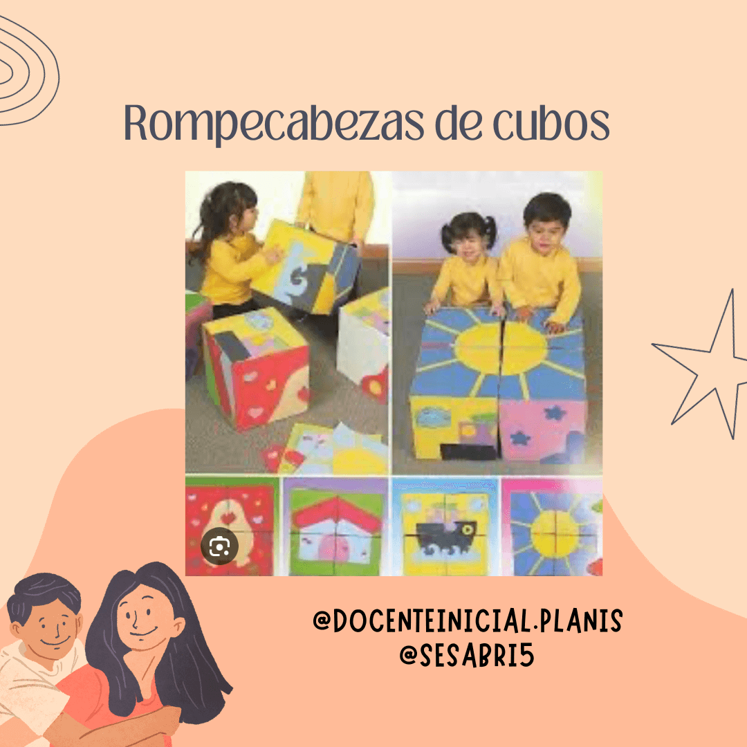 Rompecabezas de cubos con niños jugando Placa sobre rompecabezas de cubos, con fotos de niños armando figuras y dibujos de familias en la parte inferior.