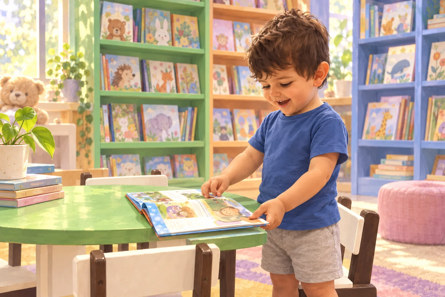 Ilustración de un niño pequeño hojeando un libro sobre una mesa, junto a estanterías de literatura infantil.