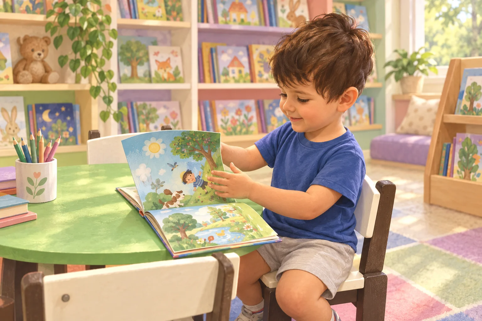 Ilustración de un niño sentado que pasa las páginas de un libro ilustrado en una biblioteca infantil.