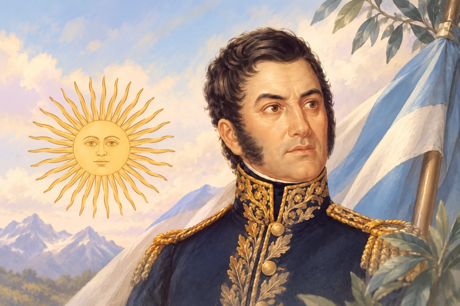 Retrato ilustrado de José de San Martín con uniforme histórico, un sol dorado y tela celeste y blanca.