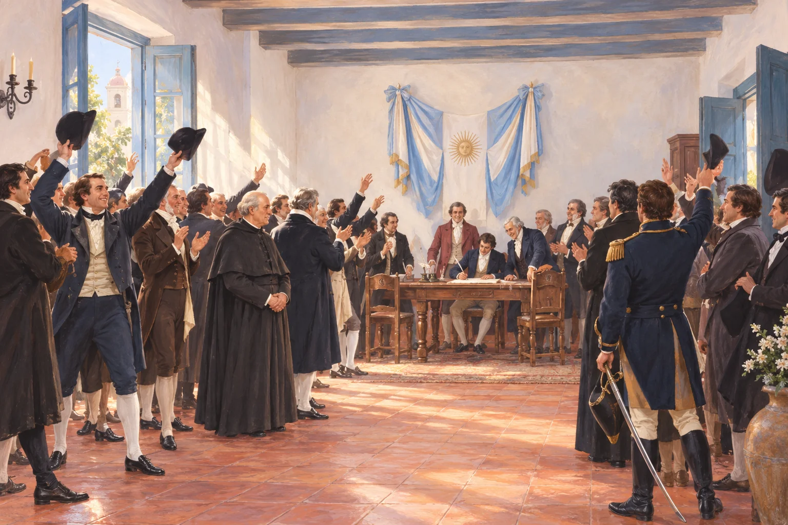 Ilustración de los congresales reunidos en un salón colonial para declarar la Independencia en Tucumán.