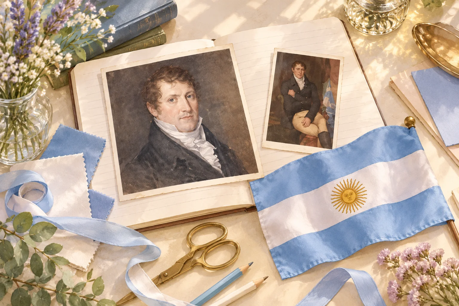 Ilustración de materiales de aula con retratos de Manuel Belgrano y una bandera argentina sobre una mesa.
