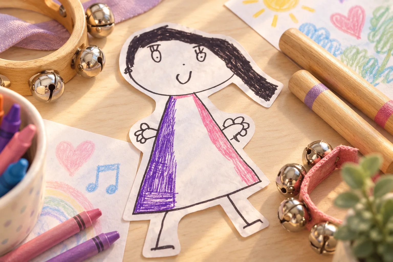 Ilustración de un personaje de papel dibujado por niños junto a claves de madera y cascabeles.