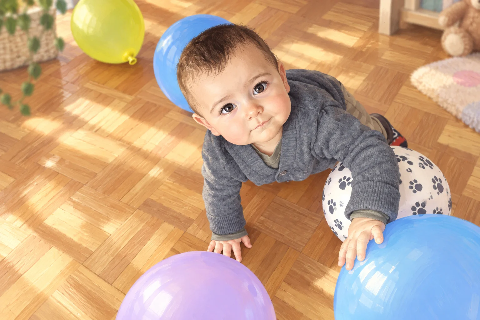 Ilustración de un bebé que gatea en un suelo de madera entre globos y una pelota.