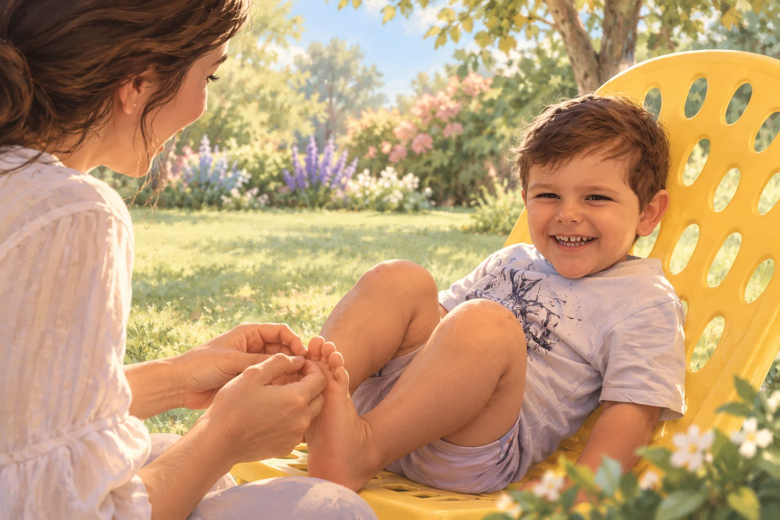 Ilustración de un niño pequeño sonriente que comparte un juego de rimas y contacto con una adulta en un jardín.