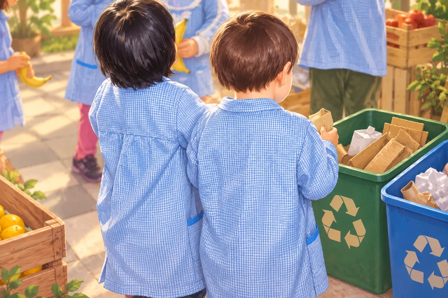 Ilustración de niños con guardapolvos celestes, vistos desde atrás, que separan materiales reutilizables en recipientes.