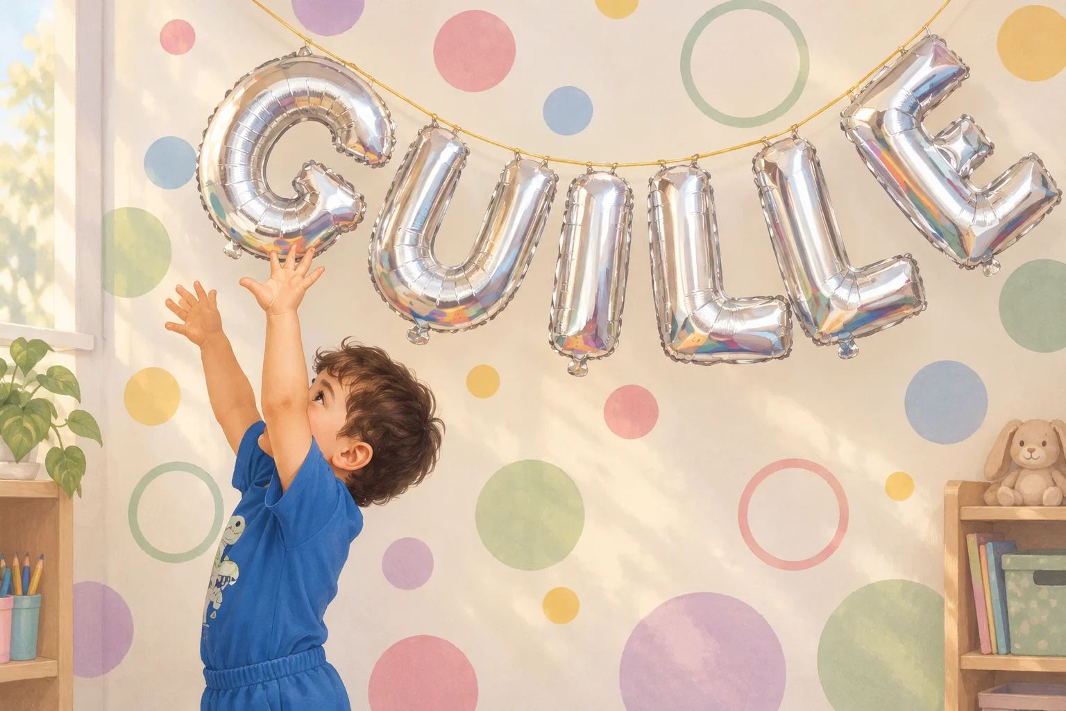 Ilustración de un niño que alcanza globos plateados con las letras de su nombre en un aula con círculos de colores suaves.