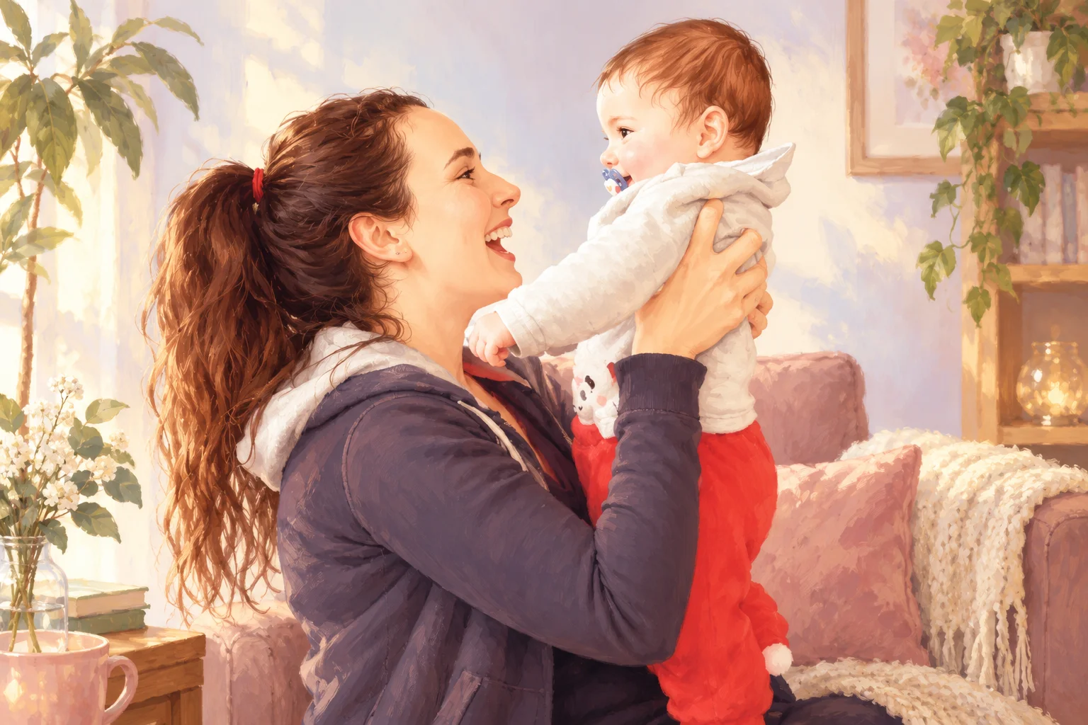 Ilustración de una mujer que sostiene a un bebé y lo mira sonriendo en un ambiente acogedor.