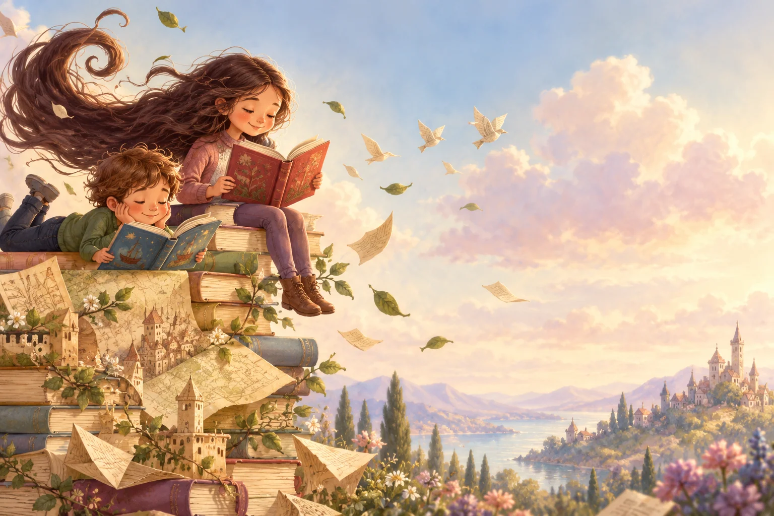 Ilustración de dos niños que leen sobre una colina imaginaria de libros y papeles, rodeados de un paisaje luminoso.