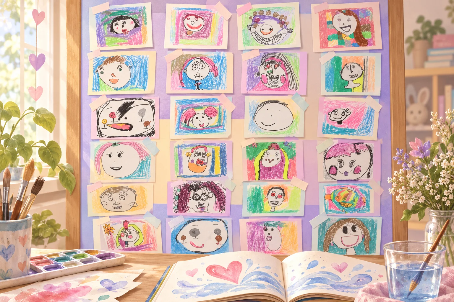 Ilustración de un mural de autorretratos infantiles junto a un libro y materiales de acuarela para jugar con poesía.