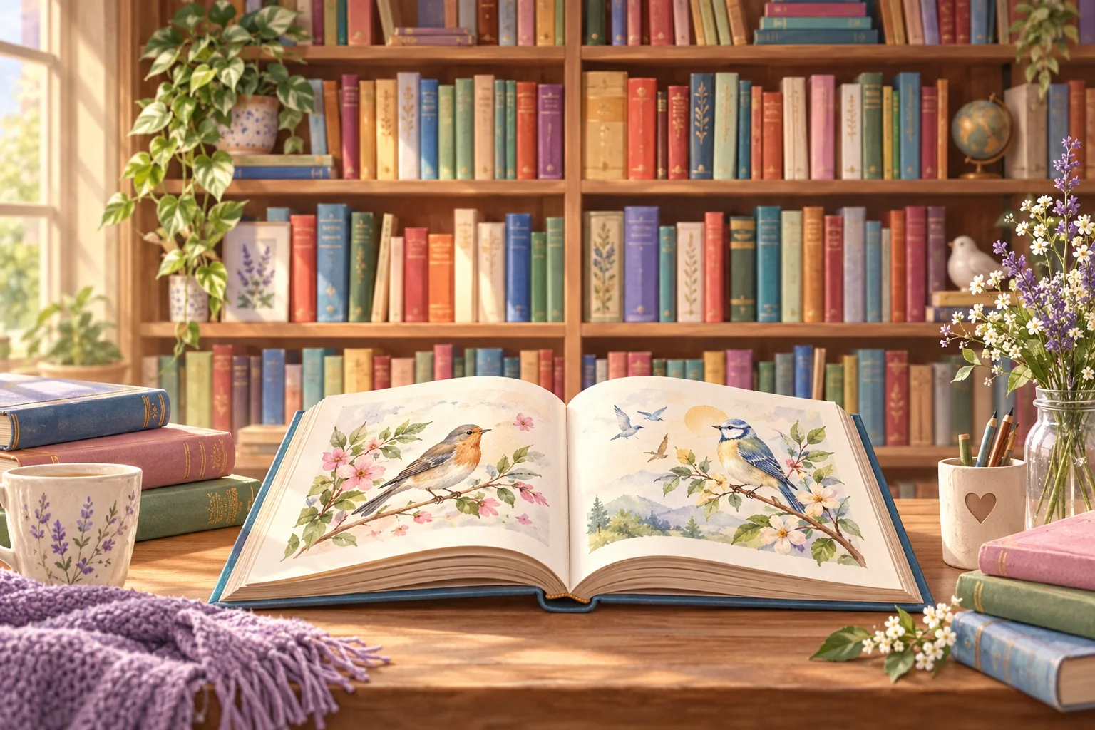 Ilustración de un libro abierto con pájaros y flores frente a estanterías de libros de distintos colores.