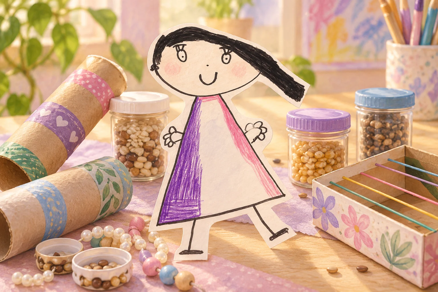 Ilustración de instrumentos hechos con tubos, recipientes de semillas y elásticos, junto a un personaje de papel dibujado por niños.