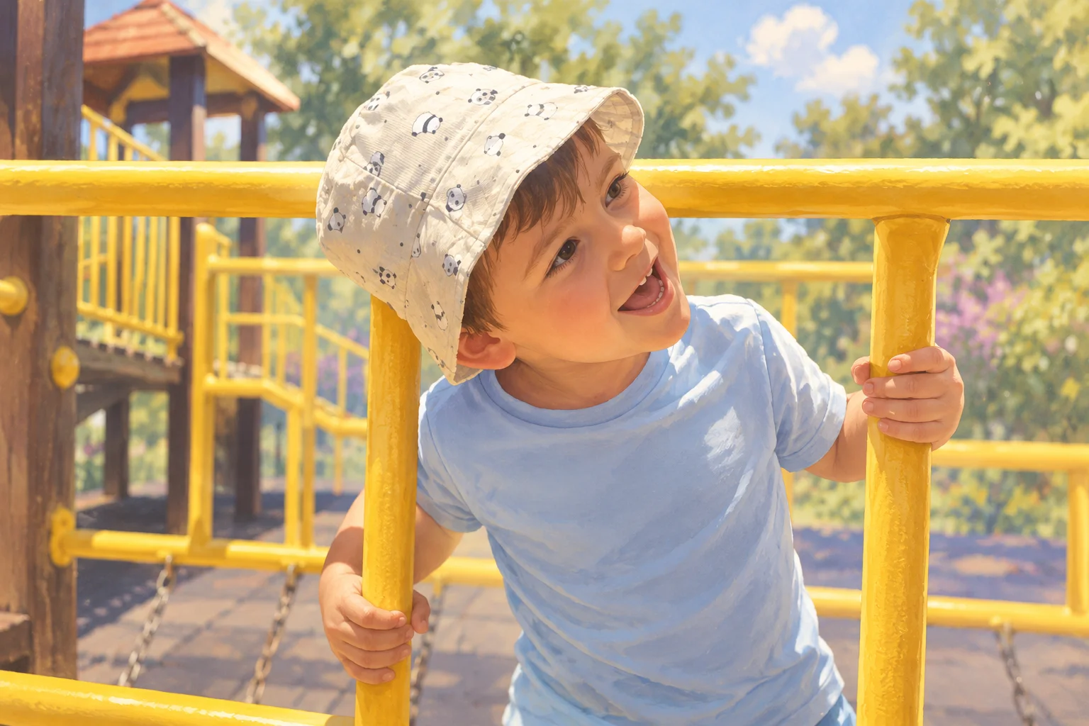 Ilustración de un niño con sombrero que sonríe mientras se sostiene de las barandas amarillas de un juego de plaza.