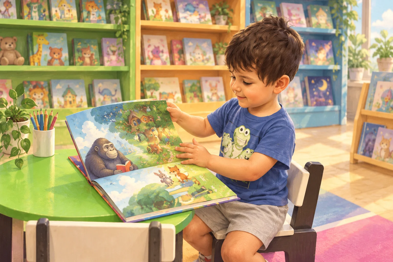 Ilustración de un niño pequeño que observa un libro abierto con dibujos de un gorila y una casa, en una biblioteca infantil.