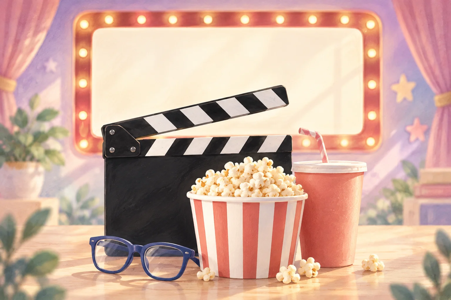 Ilustración de una claqueta, pochoclos, un vaso y anteojos frente a una pantalla de cine con luces suaves.