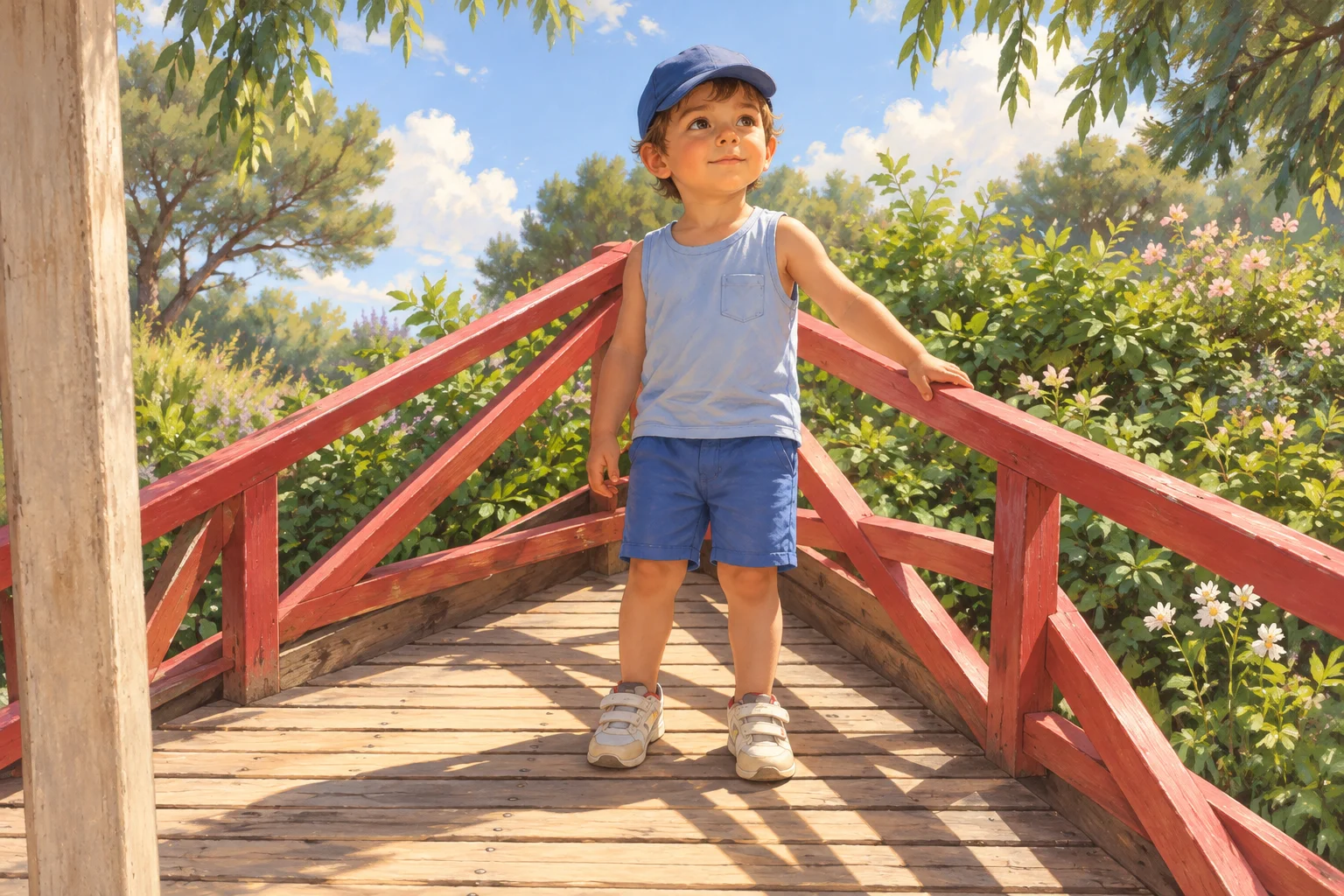 Ilustración de un niño con gorra azul que observa el entorno desde un puente de madera rodeado de vegetación.