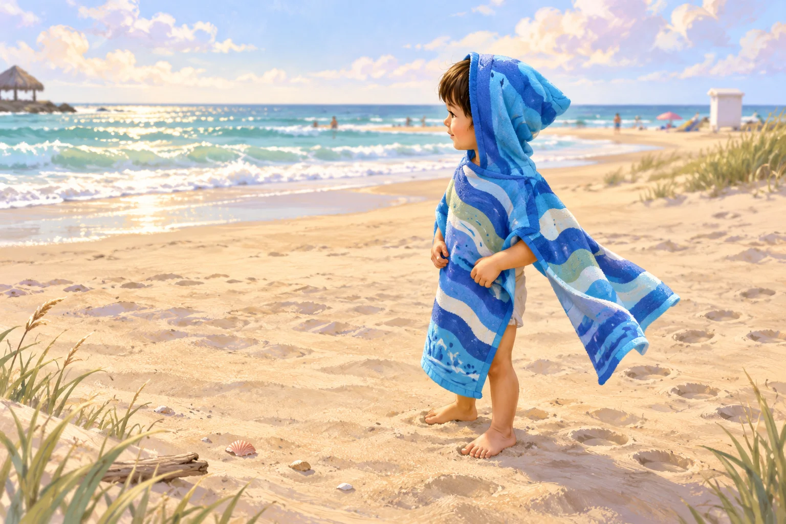 Ilustración de un niño descalzo con una toalla azul que camina de perfil por una playa luminosa.