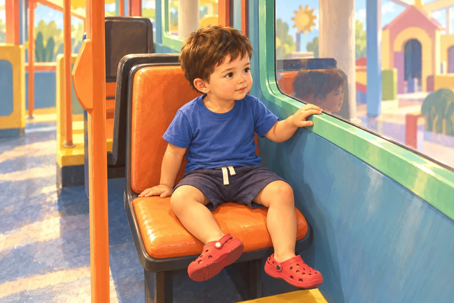 Un niño pequeño sentado en un asiento naranja explora un espacio de juego que representa un transporte.