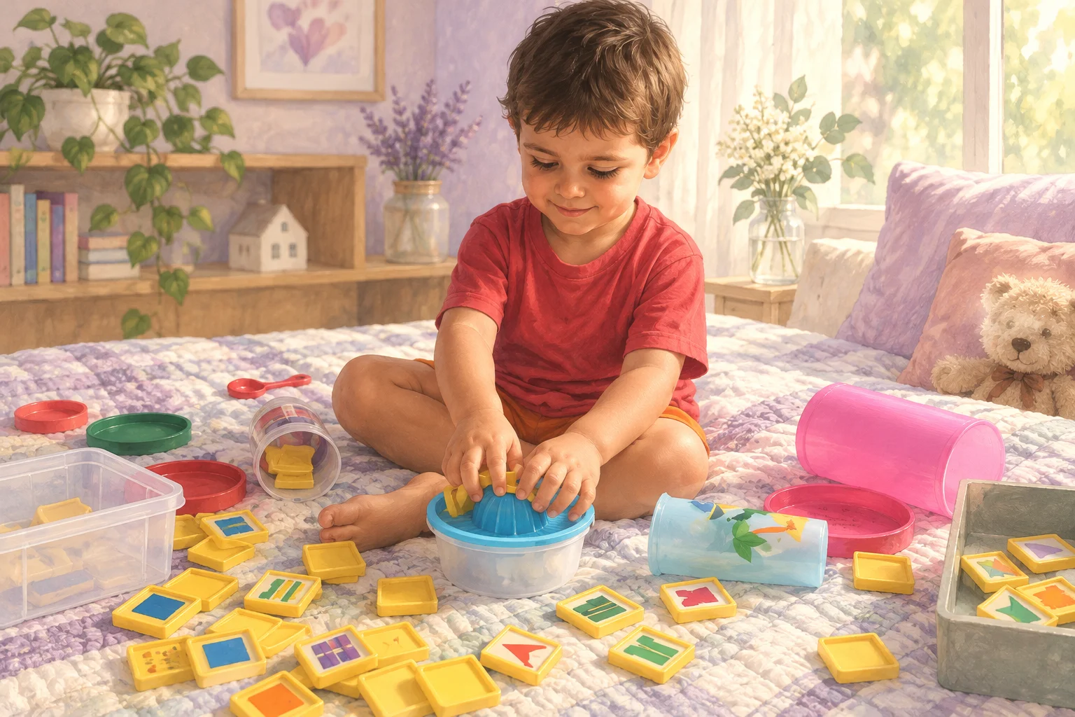 Un niño sentado organiza tapas y piezas de colores en recipientes durante una propuesta de juego.