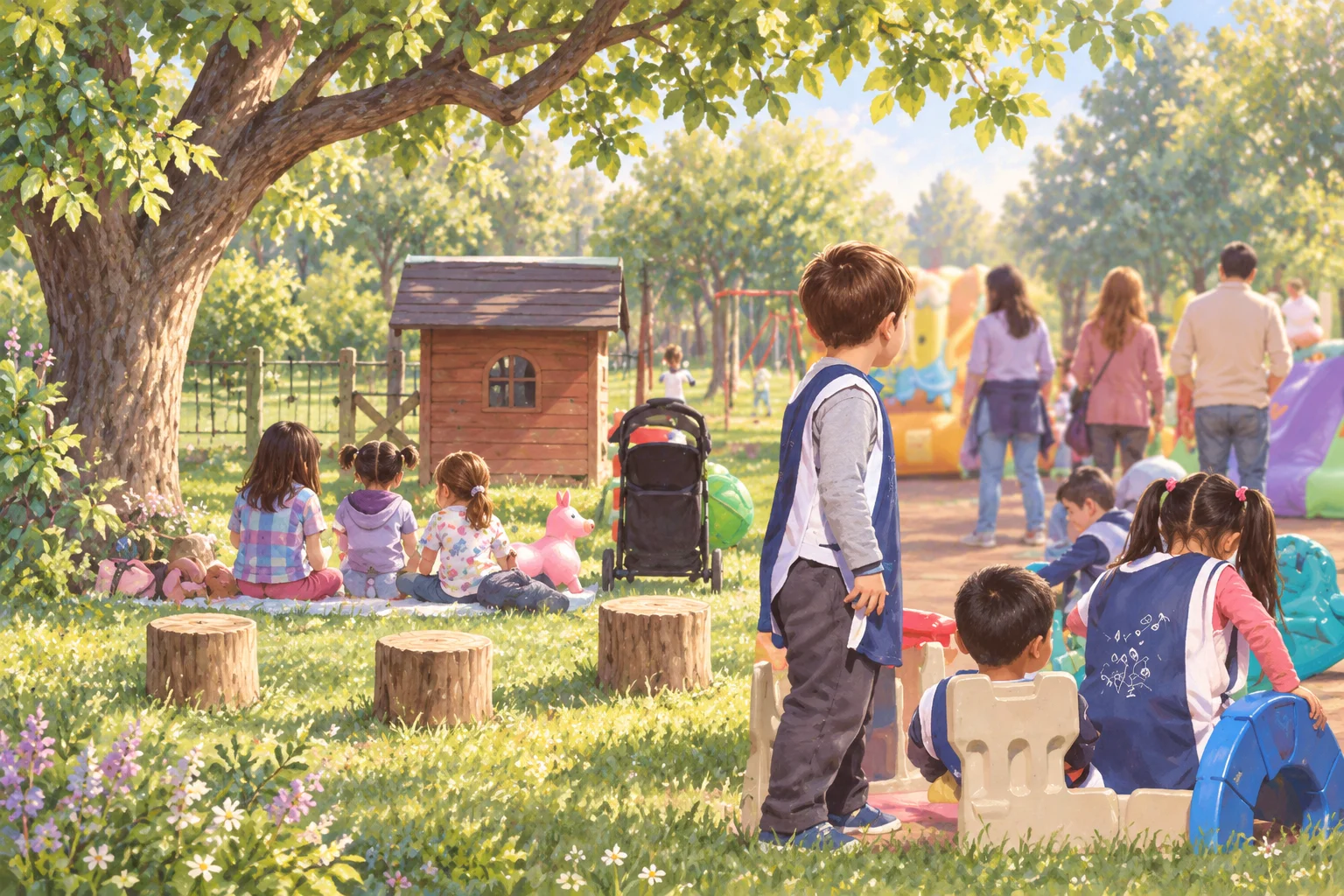 Niñas y niños exploran un espacio de juego al aire libre con una casita, troncos y materiales de colores.