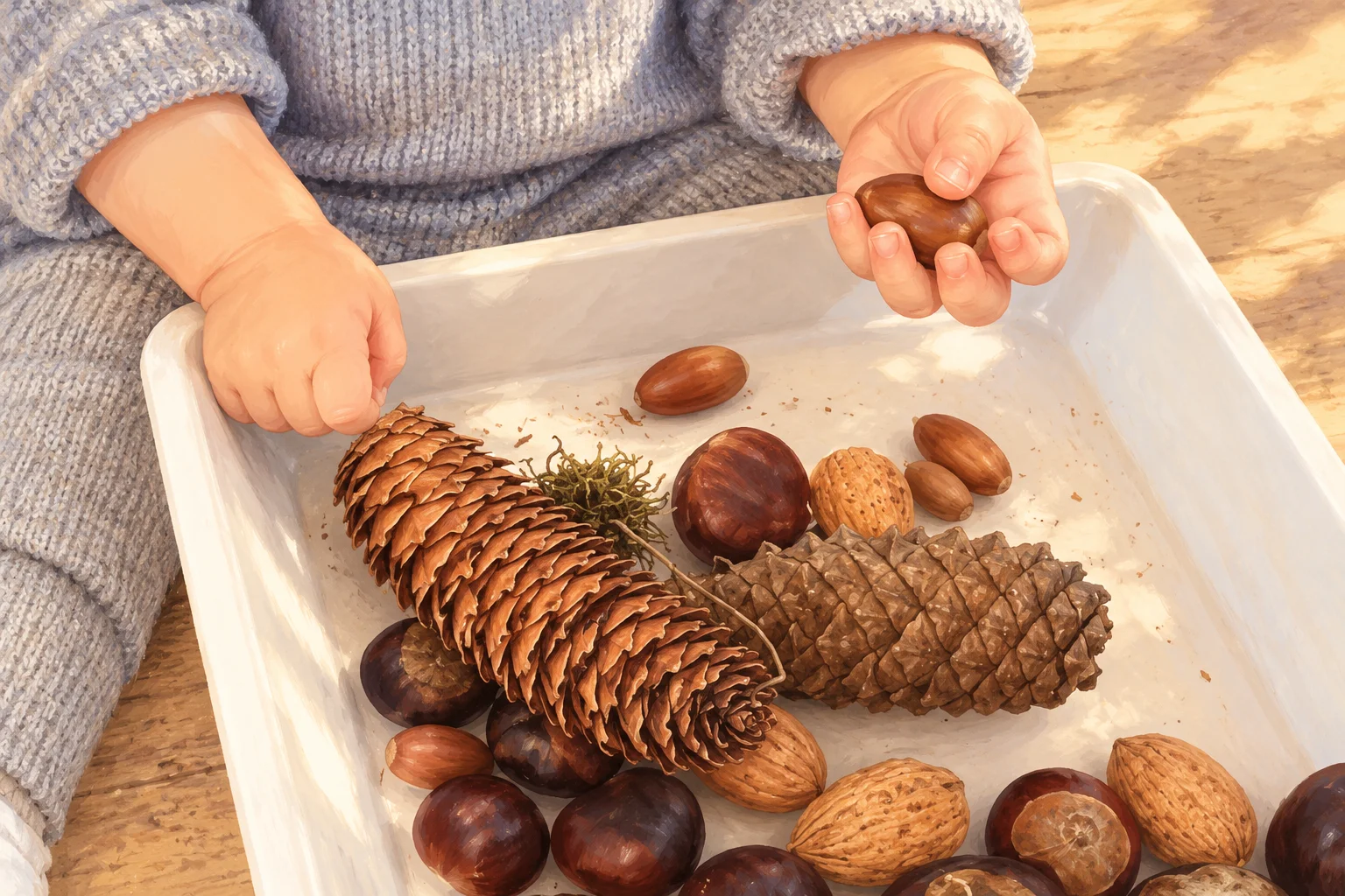 Las manos de un niño pequeño exploran piñas, castañas y nueces en una bandeja sensorial blanca.