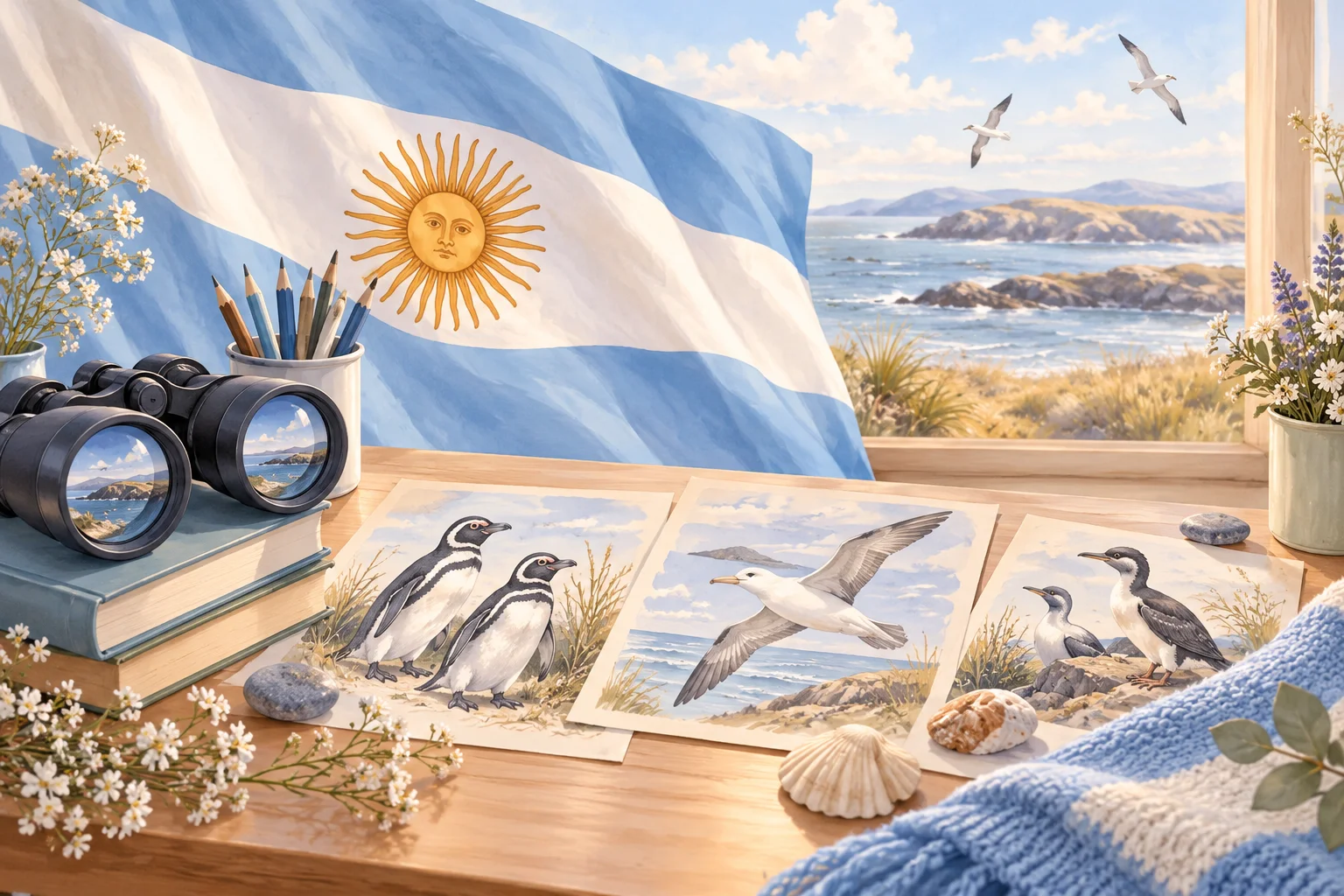 Una bandera argentina acompaña libros, dibujos de pingüinos y aves marinas, y materiales para explorar la biodiversidad de Malvinas.