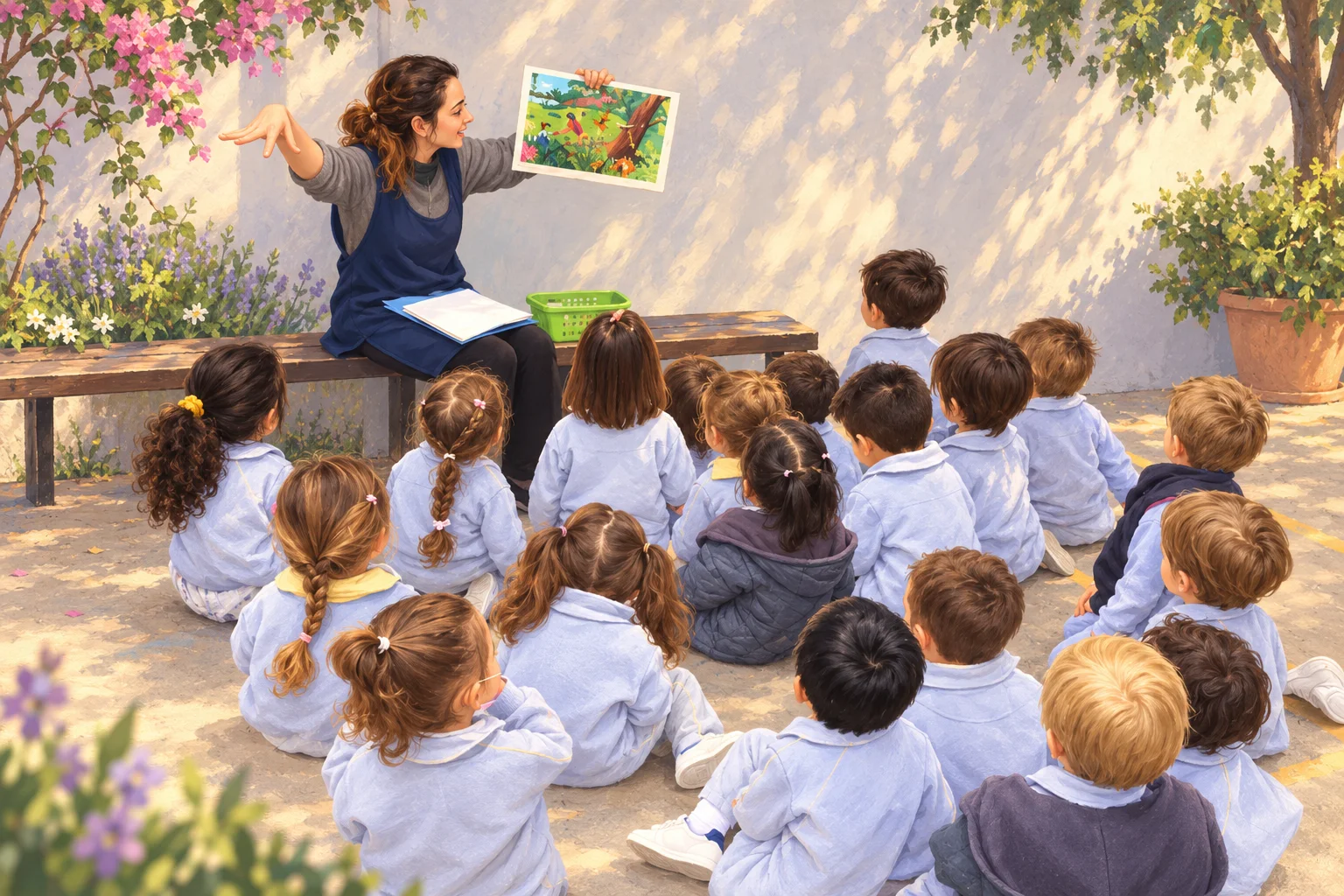 Una docente comparte un libro ilustrado con un grupo de niñas y niños sentados de espaldas en un patio.