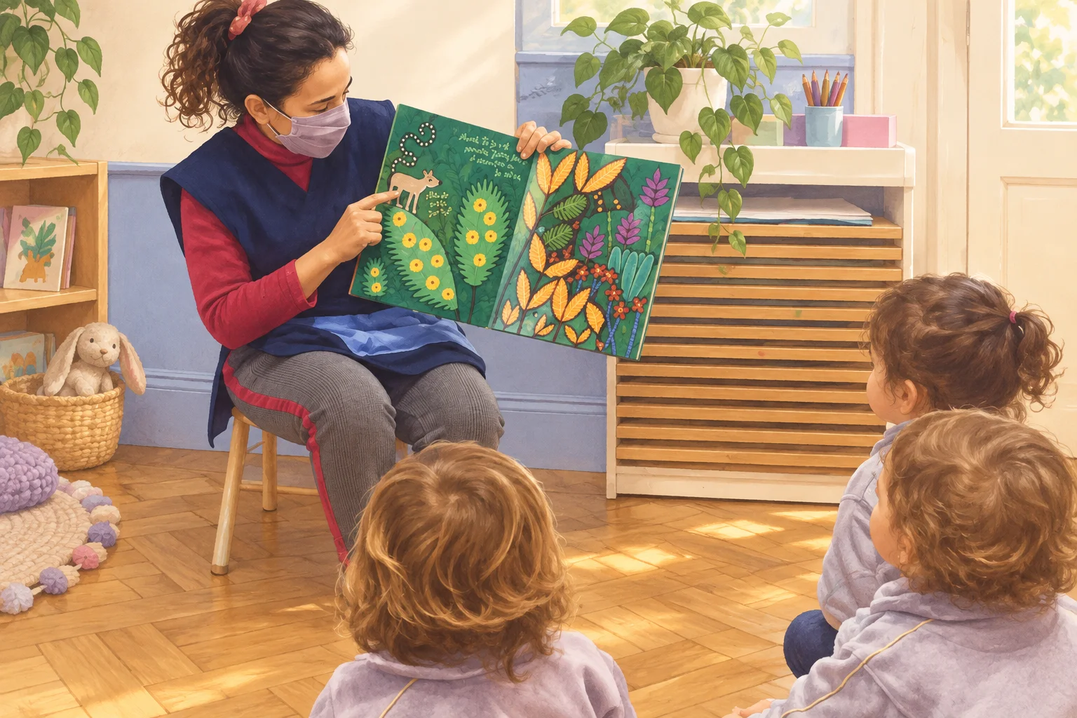 Una docente muestra un libro ilustrado de animales y plantas a niñas y niños pequeños sentados en una sala.