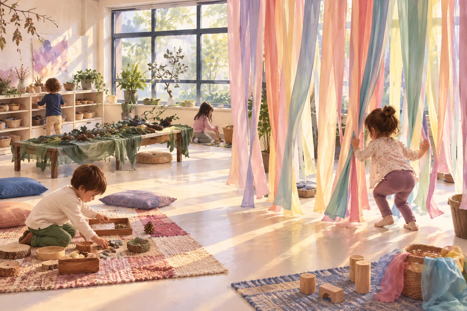 Niñas y niños exploran un aula con telas colgantes en tonos pastel y materiales distribuidos en distintos sectores de juego.