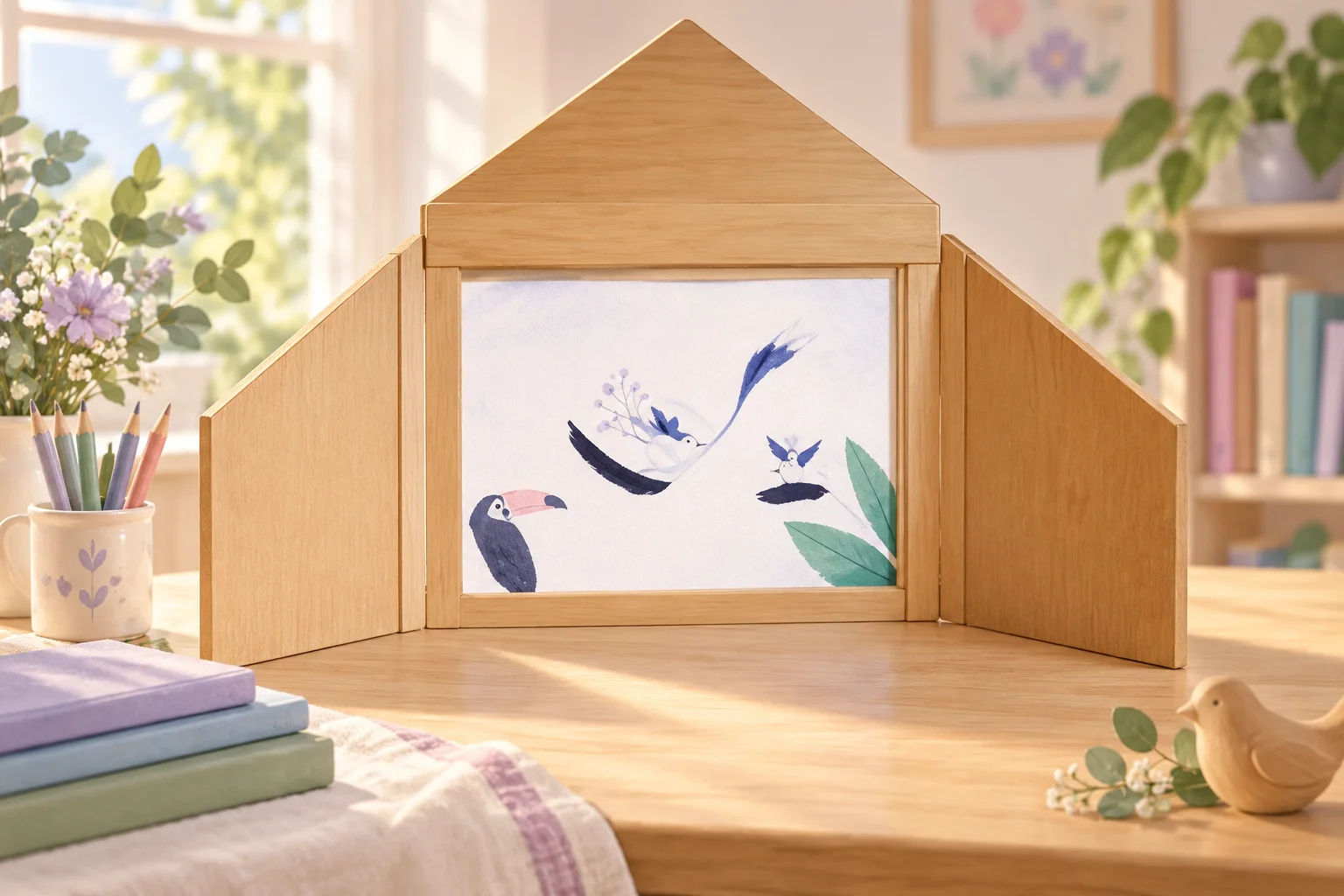 Un teatro de papel de madera con las puertas abiertas muestra una lámina ilustrada de pájaros sobre una mesa con libros.