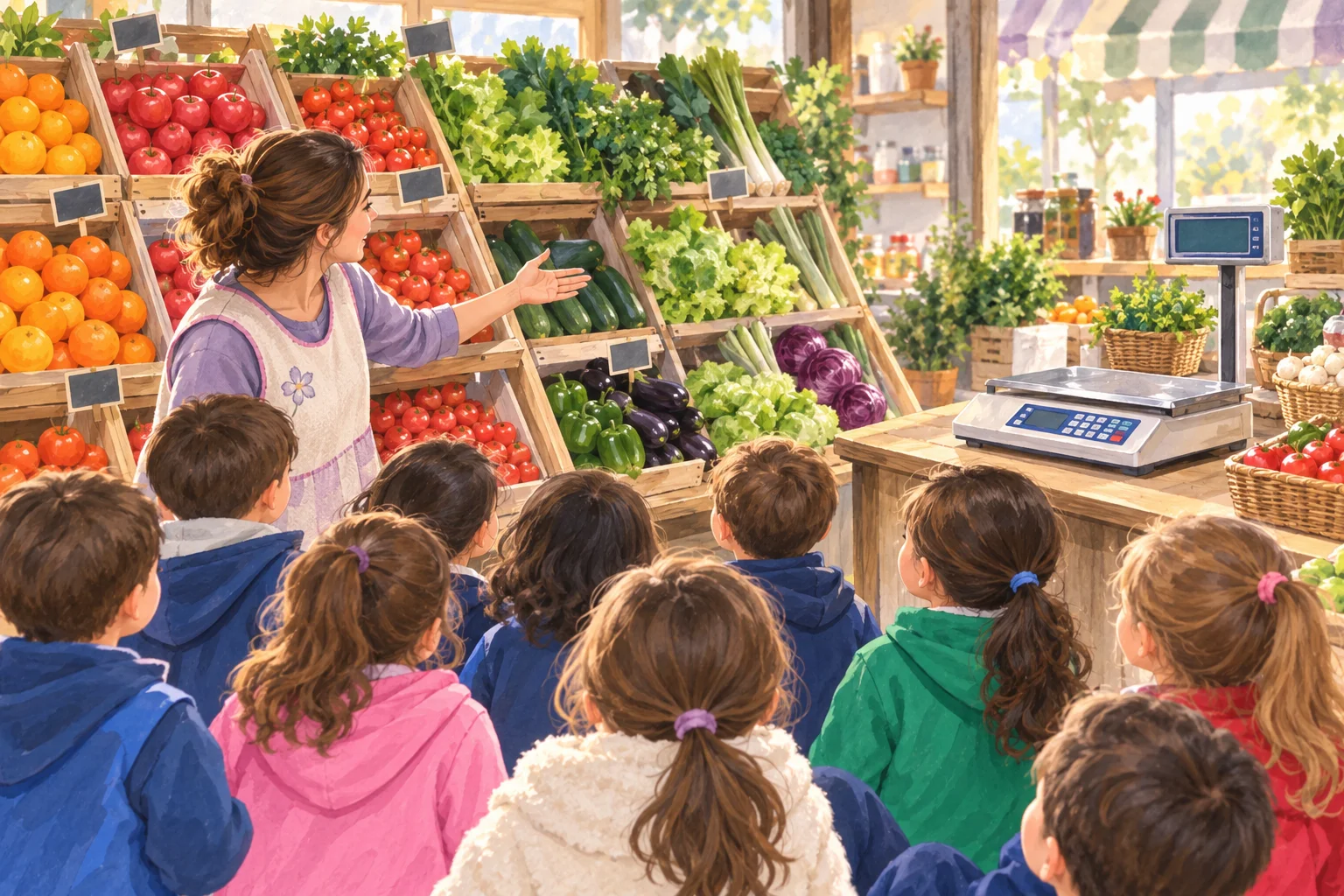 Una docente y un grupo de niñas y niños observan frutas, verduras y una balanza durante una visita a una verdulería.