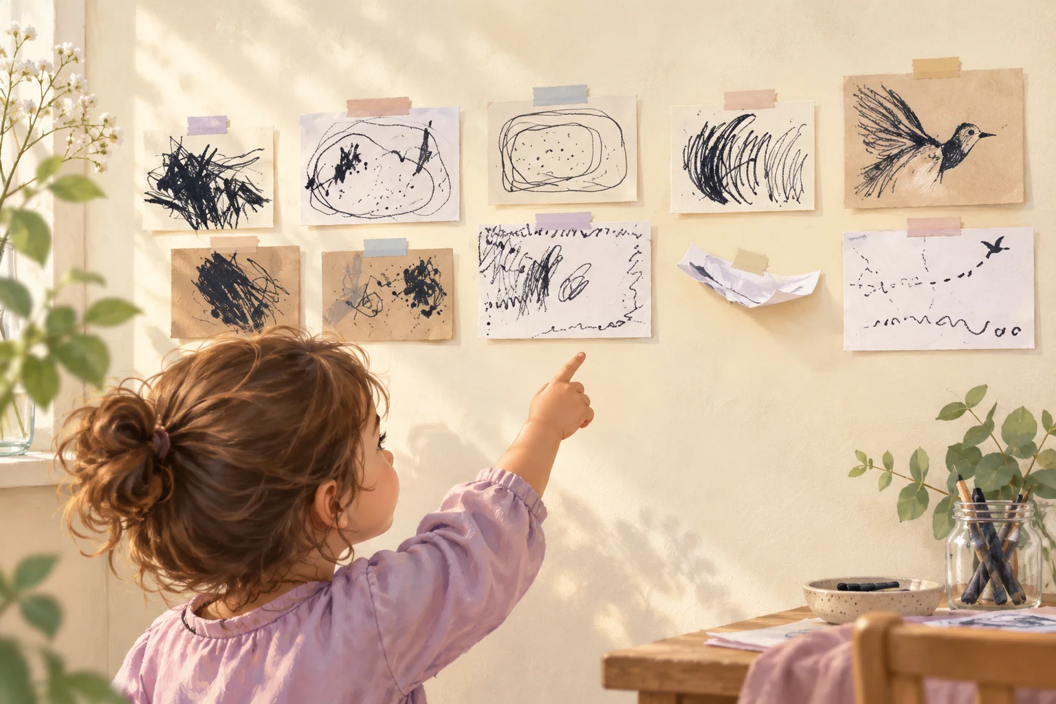 Una niña observa una exposición de garabatos y dibujos infantiles de un pájaro sobre papeles colocados en la pared.