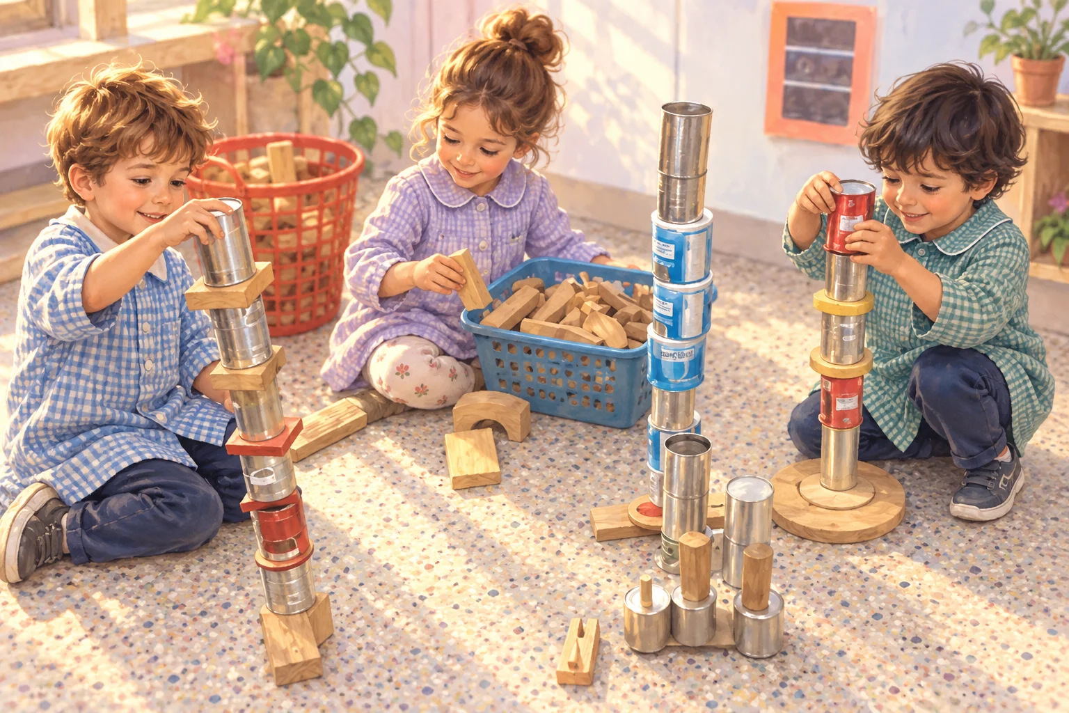 Niñas y niños construyen torres con latas reutilizadas y piezas de madera en un sector de juego de la sala.