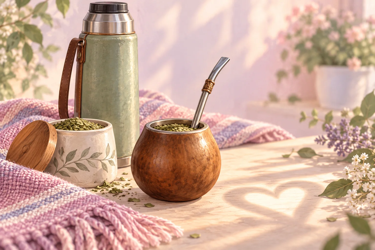 Un mate de calabaza, una bombilla, un recipiente de yerba y un termo sobre una mesa con un paño tejido en tonos rosa y lavanda.