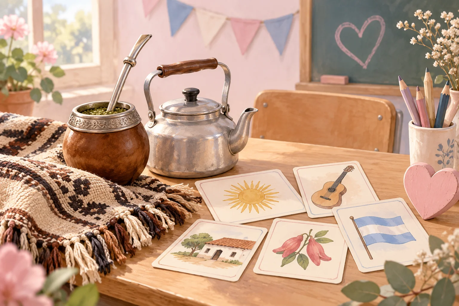 Mate, pava, poncho y tarjetas con dibujos de elementos de la cultura argentina sobre una mesa de aula.