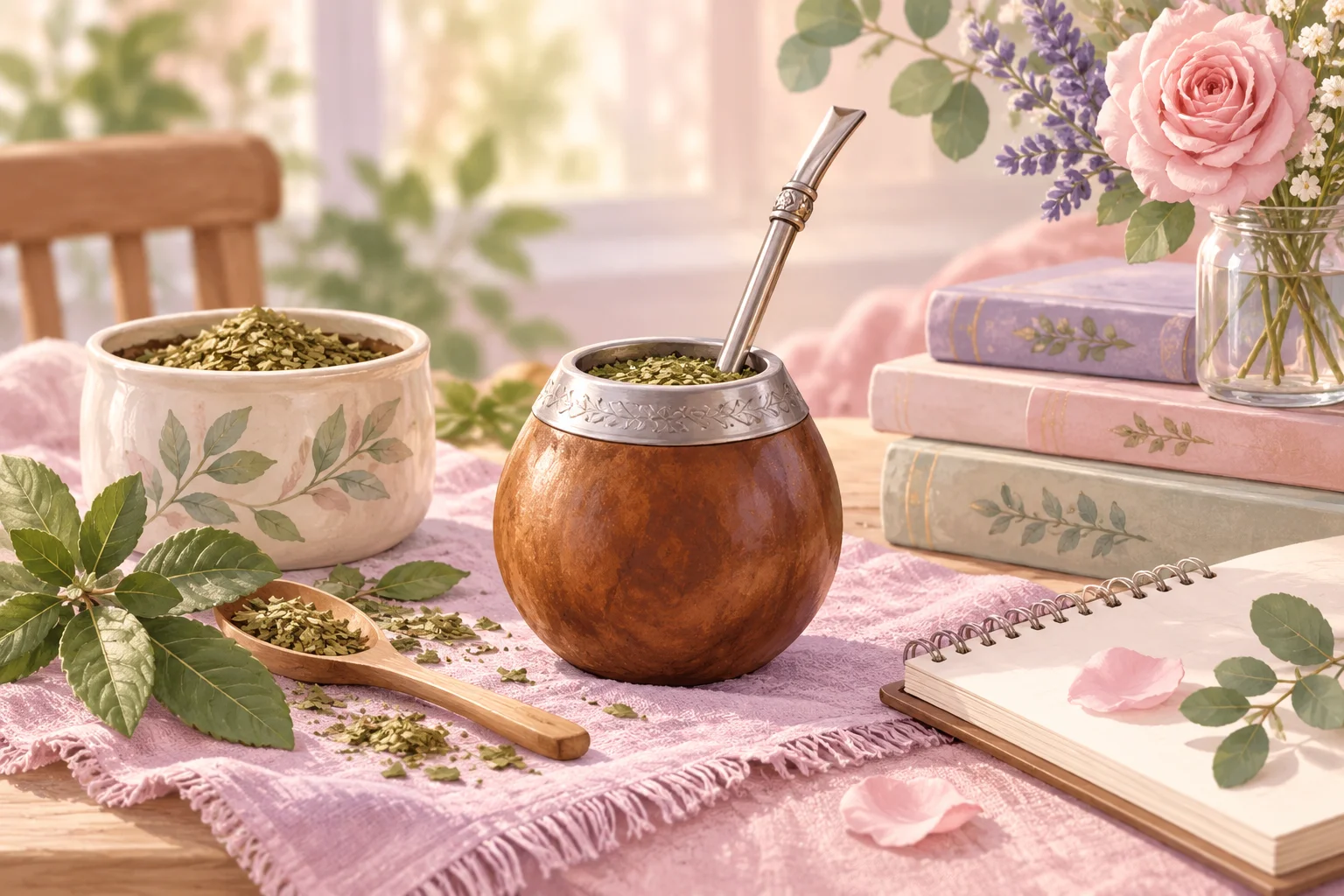 Un mate con bombilla, yerba, hojas verdes y libros sobre una mesa con un paño tejido en tonos rosa y lavanda.