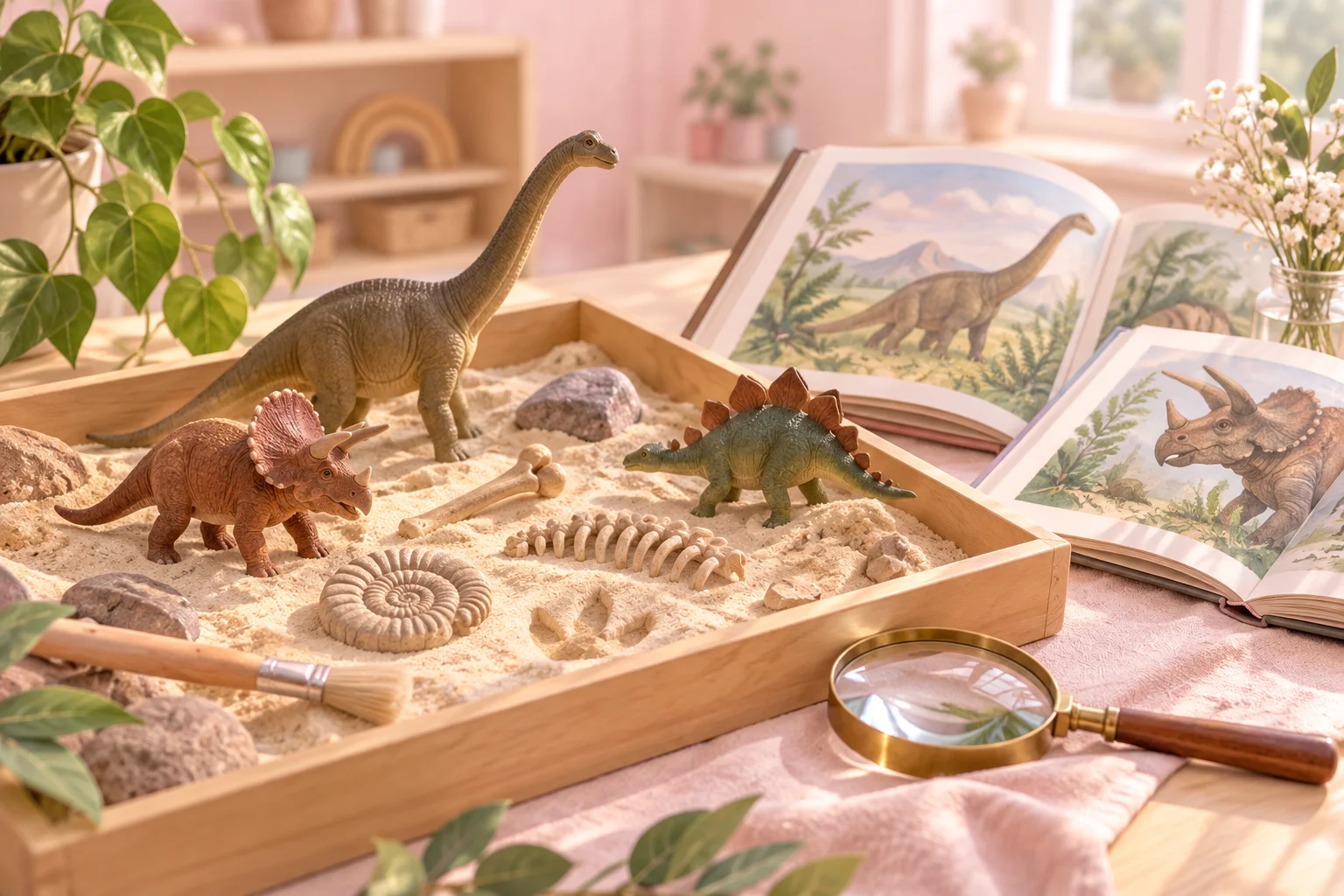 Modelos de dinosaurios, fósiles, un libro ilustrado y una lupa sobre una bandeja de exploración en una mesa de aula.