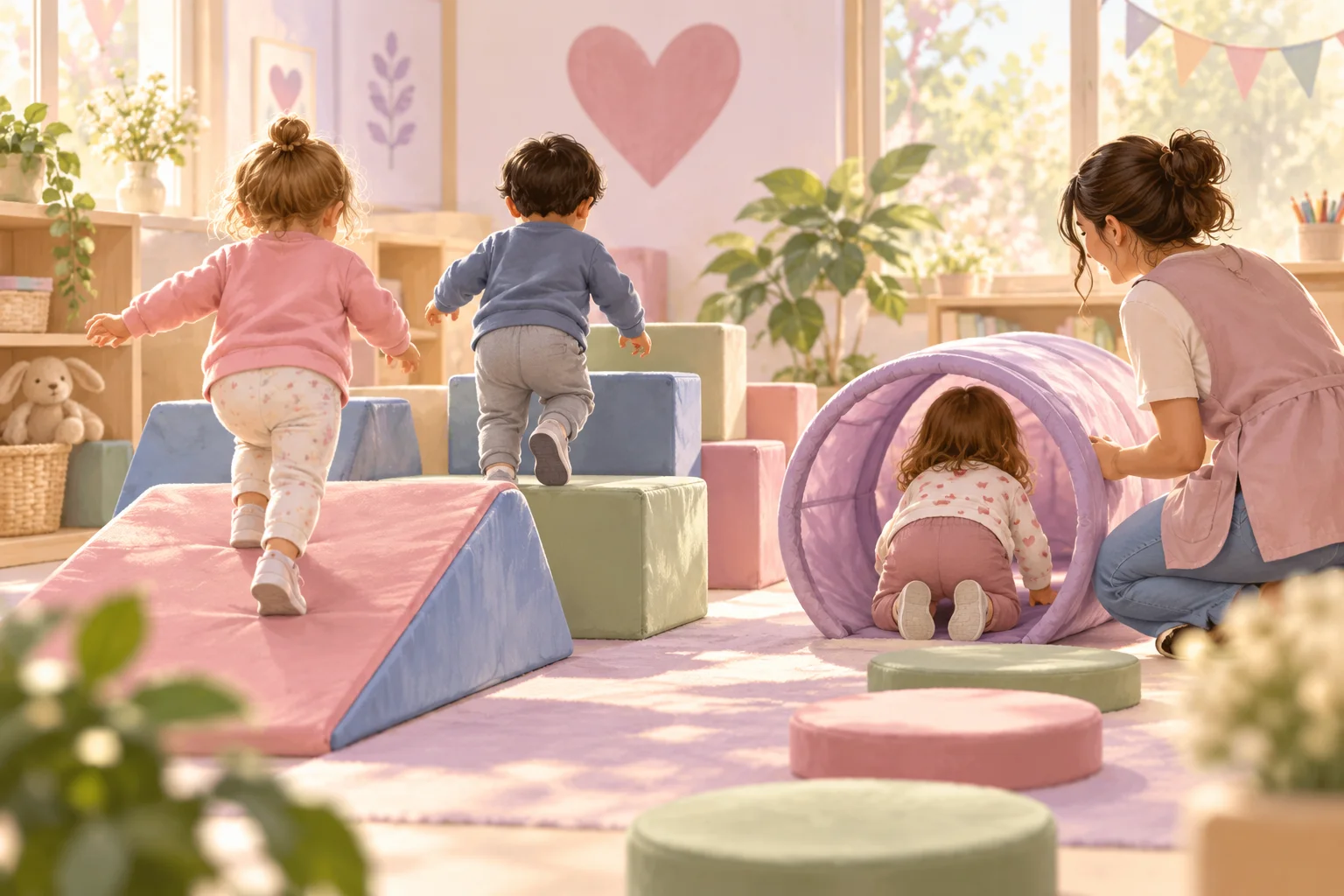 Niñas y niños exploran rampas y bloques acolchados y un túnel de tela, acompañados por una docente.