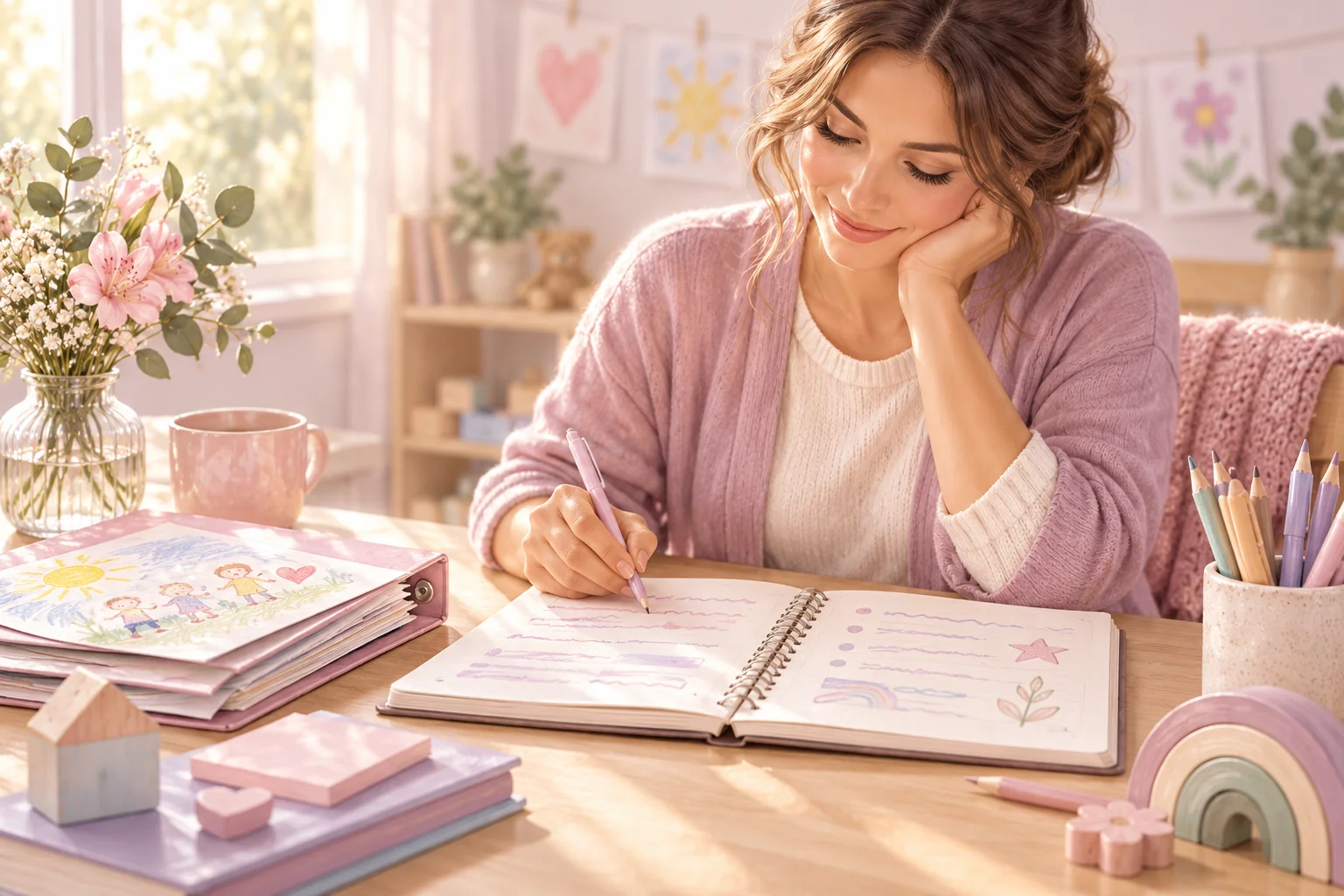 Una docente escribe observaciones en un cuaderno sobre una mesa con carpetas, dibujos infantiles y lápices.