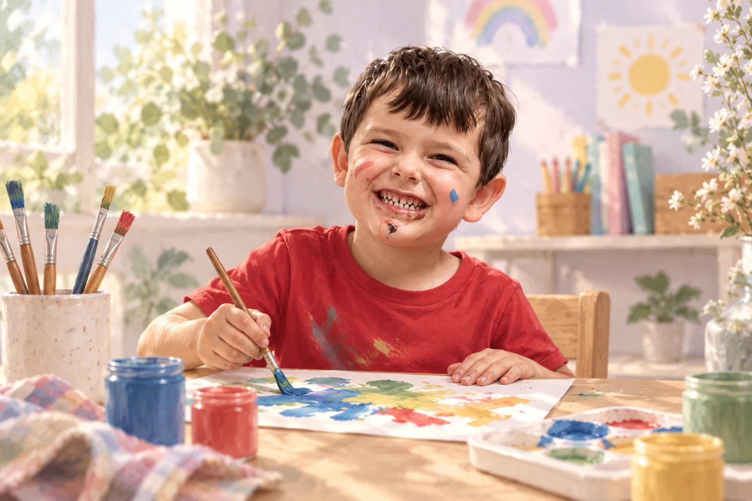 Un niño sonriente con remera roja y pequeñas manchas de pintura explora colores y pinceles sobre una mesa.